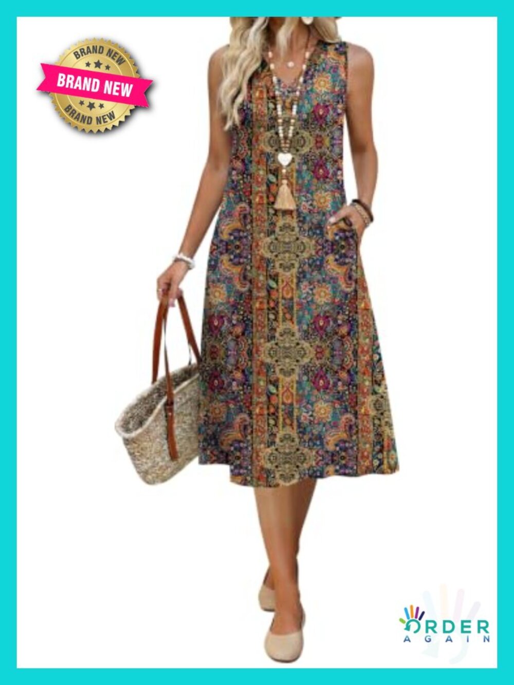Sleeveless V Neck Midi Sundress with Pockets Casual Summer Beach Dress